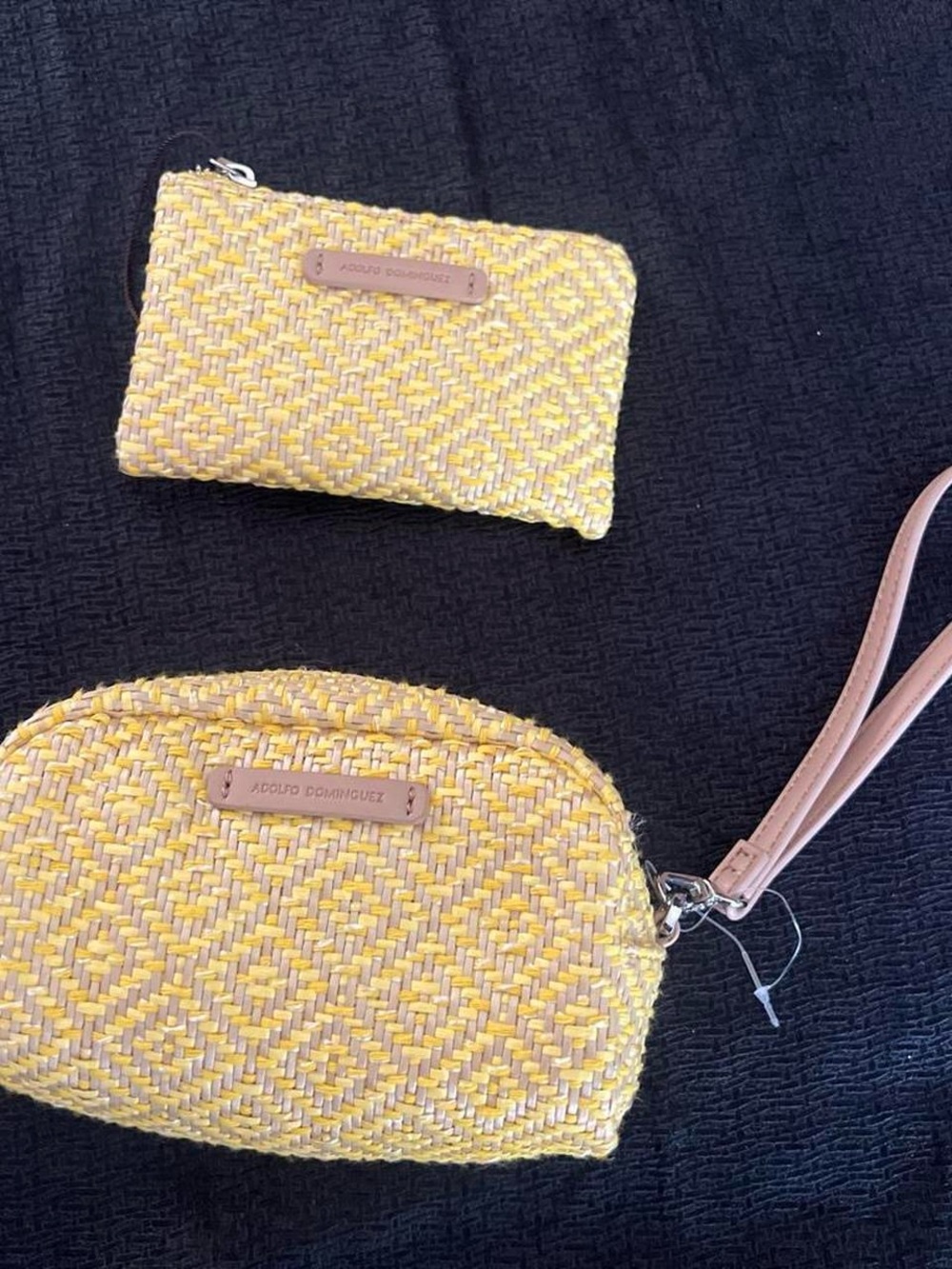 Adolfo Dominguez Yellow Woven Wristlet Set with Tan Strap